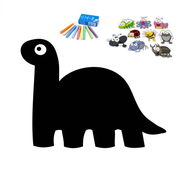 Tablica magnetyczna kredowa dla dzieci dinozaur 201 - Wzór graficzny. Czarny dinozaur z dużymi oczami oraz kolorowe kredki