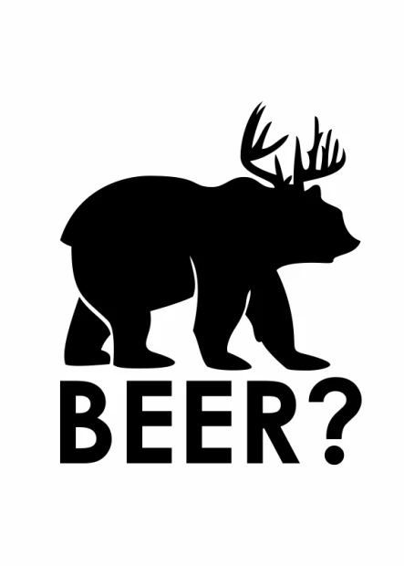 Plakat na białym tle z czarną sylwetką niedźwiedzia z porożem jelenia i napisem BEER?