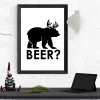 Plakat Beer? 017 - Wzór graficzny. Czarna sylwetka niedźwiedzia z rogami oraz napis BEER? na białym tle