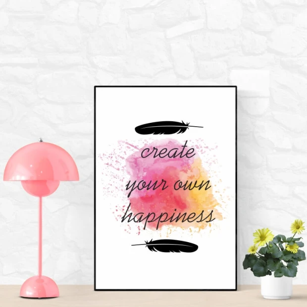 Plakat Create your own happiness 041 - Wzór graficzny. Na białym tle kolorowe plamy i czarne pióra z napisem