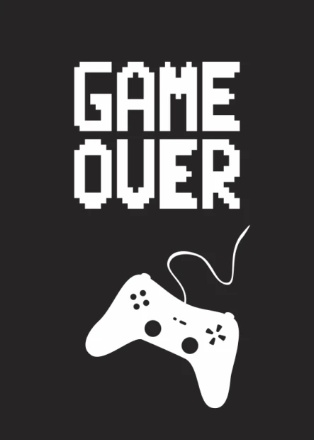 Plakat game over 001 - Wzór graficzny. Białe napisy GAME OVER oraz kontroler na czarnym tle