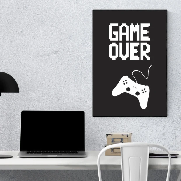 Plakat game over 001 - Aranżacja w biurze. Ściany w jasnym kolorze, minimalistyczne meble i nowoczesny styl