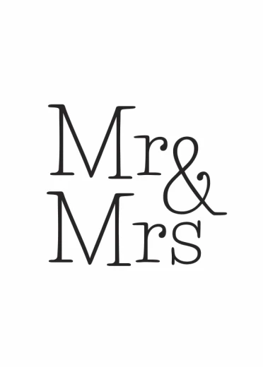 Plakat typograficzny z czarnym napisem Mr & Mrs na białym tle, przedstawiony jako wizualizacja wzoru