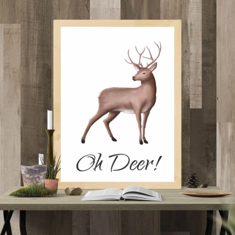 Plakat Oh deer 042 - Wzór graficzny. Grafika przedstawia jelenia z wyraźnymi rogami na białym tle