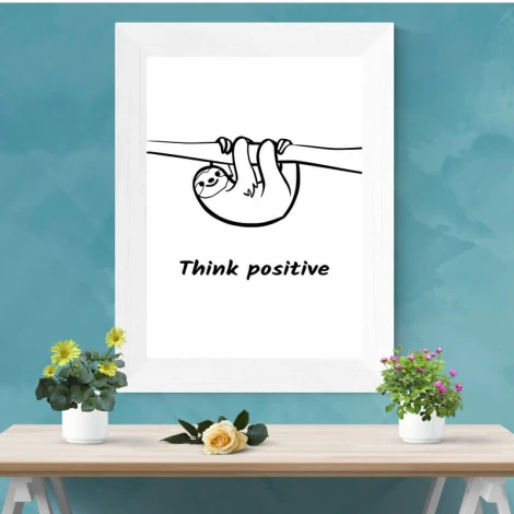 Plakat Think positive 014 - Wzór graficzny. Grafika przedstawia leniwca wiszącego na gałęzi z napisem Think positive