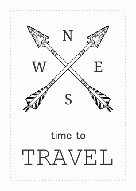 Plakat Time to travel 013 - Wzór graficzny. Dwie krzyżujące się strzały z napisami N, S, E, W oraz hasłem time to TRAVEL