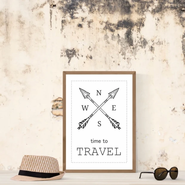 Plakat Time to travel 013 - Wzór graficzny. Dwie krzyżujące się strzały z oznaczeniami kierunków N, S, E, W