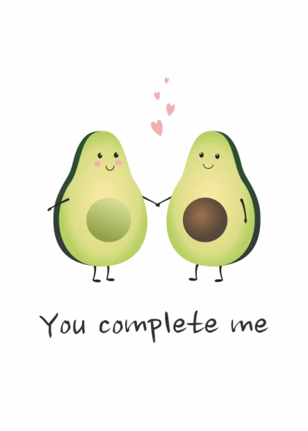 Plakat You complete me 034 - Wzór graficzny. Dwa uśmiechnięte awokado trzymają się za ręce, nad nimi serca