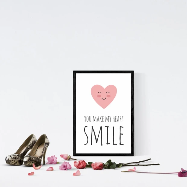 Plakat You make my heart smile 035 - Aranżacja w pokoju. Ściany są jasne, a na podłodze leżą kwiaty i buty