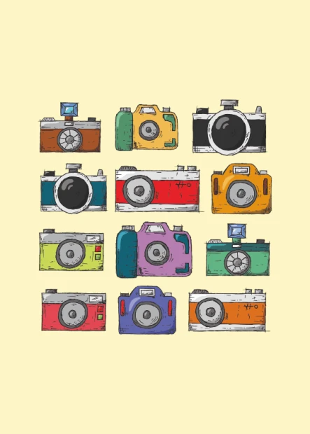 Plakat na białym tle z nadrukiem kolorowych, rysunkowych aparatów fotograficznych w stylu retro