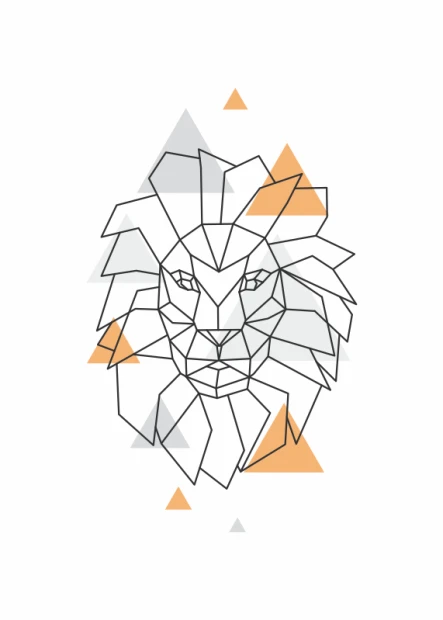 Plakat Lew 054 - Wzór graficzny. Geometryczny wizerunek lwa z trójkątnymi elementami w odcieniach szarości i pomarańczy