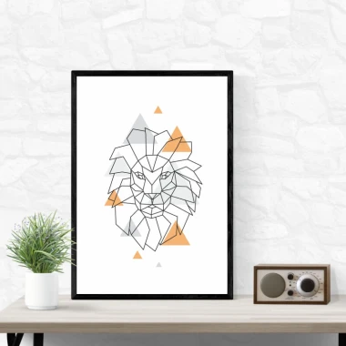 Plakat Lew 054 - Wzór graficzny. Geometryczna kompozycja z lwem w odcieniach szarości i pomarańczy