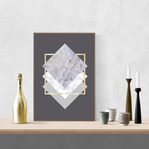 Plakat w cienkiej ramie z geometrycznym nadrukiem nakładających się kwadratów o strukturze marmuru na ciemnym tle