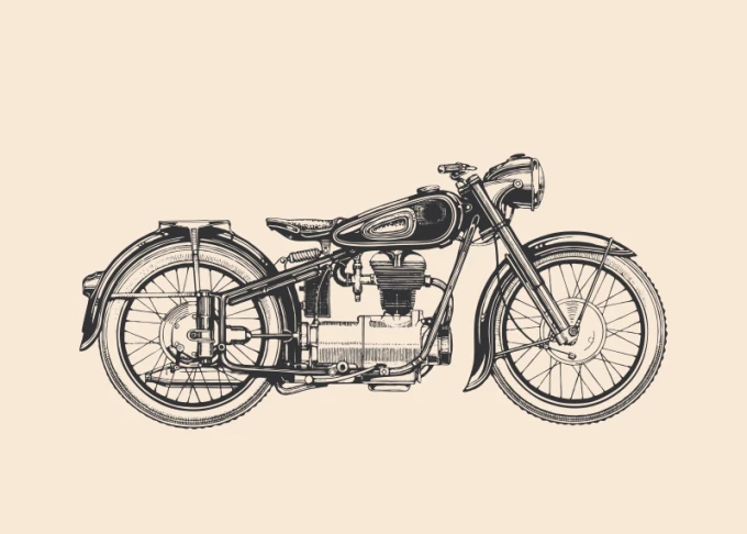 Plakat motocykl 087 - Wzór graficzny. Motyw przedstawia klasyczny motocykl w profilu, z detalami silnika i kół