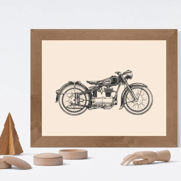 Plakat motocykl 087 - Wzór graficzny. Motocykl w profilu na jasnym tle, z detalami konstrukcji i kół