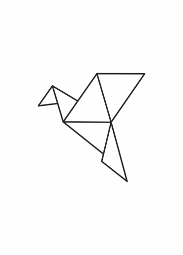 Plakat z czarnym nadrukiem geometrycznego ptaka origami na białym tle jako wizualizacja wzoru