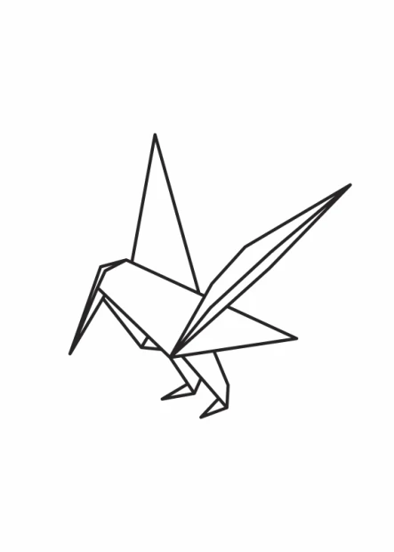 Plakat z czarnym, liniowym nadrukiem ptaszka origami przedstawiony jako wizualizacja wzoru na białym tle