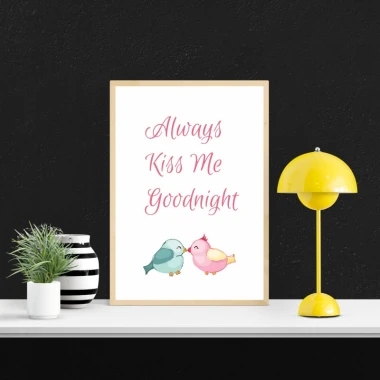 Plakat Always kiss me goodnight 136 - Wzór graficzny. Dwa ptaki w pastelowych kolorach, napis w stylu kaligraficznym