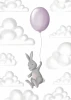 Plakat królik 101 - Wzór graficzny. Królik trzyma balon, otoczony chmurami w pastelowych odcieniach