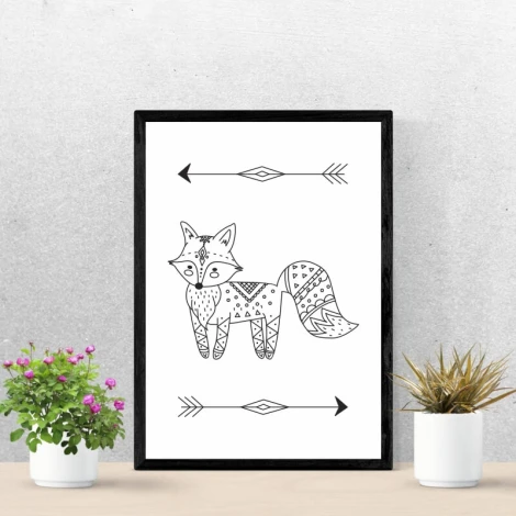 Plakat lisek 094 - Wzór graficzny. Lisek z geometrycznymi wzorami i strzałkami po bokach