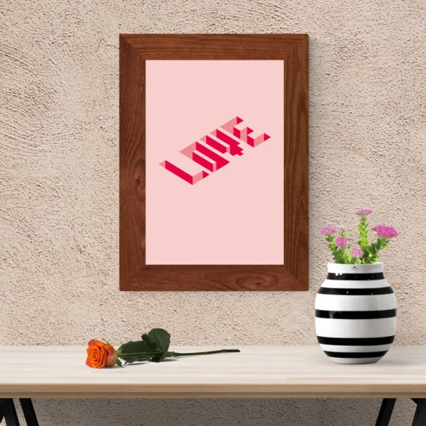 Plakat Love 138 - Wzór graficzny. Różowe litery w trzech wymiarach na jasnym tle