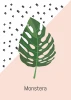Plakat Monstera 115 - Wzór graficzny. Zielony liść monstera na różowym tle z czarnymi, drobnymi wzorami