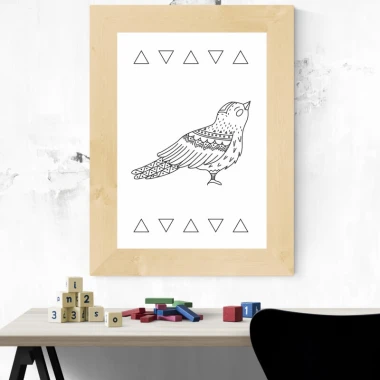 Plakat ptaszek 095 - Wzór graficzny. Ptak z geometrycznymi wzorami w otoczeniu trójkątów