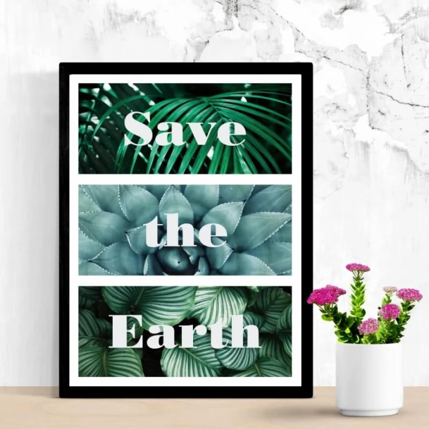 Plakat w czarnej ramie z angielskim napisem Save the Earth na tle zielonych liści i sukulentów