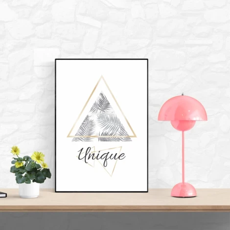 Plakat Unique 124 - Aranżacja w salonie. Białe ściany, drewniane meble, nowoczesna lampa