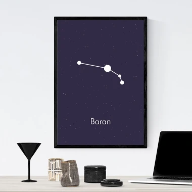 Plakat Znak zodiaku baran 102 - Wzór graficzny. Biała konstelacja na ciemnym tle z napisem Baran