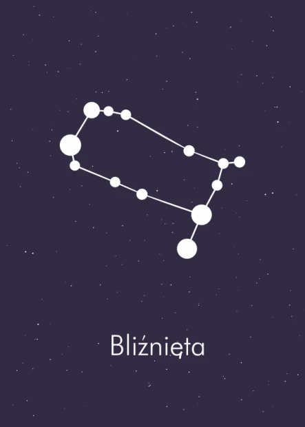 Plakat Znak zodiaku bliźnięta 104 - Wzór graficzny. Na ciemnym tle znajduje się biała konstelacja i napis Bliźnięta