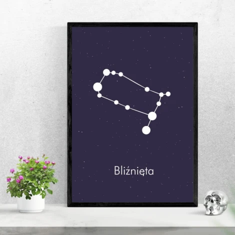 Plakat Znak zodiaku bliźnięta 104 - Wzór graficzny. Biała konstelacja na ciemnym tle z napisem Bliznięta