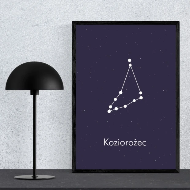 Plakat Znak zodiaku koziorożec 111 - Wzór graficzny. Na ciemnym tle widoczny jest rysunek gwiazdozbioru w formie białych