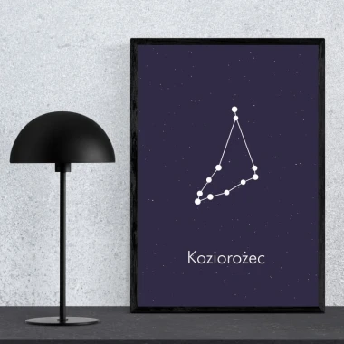 Plakat Znak zodiaku koziorożec 111 - Wzór graficzny. Na ciemnym tle widoczny jest rysunek gwiazdozbioru w formie białych