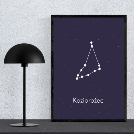 Plakat Znak zodiaku koziorożec 111 - Wzór graficzny. Na ciemnym tle widoczny jest rysunek gwiazdozbioru w formie białych