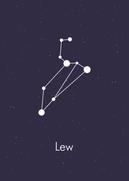 Plakat Znak zodiaku lew 106 - Wzór graficzny. Białe gwiazdy połączone liniami na ciemnofioletowym tle. Napis Lew na dole