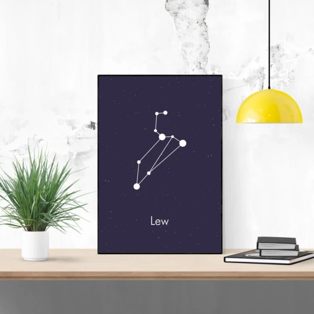 Plakat Znak zodiaku lew 106 - Wzór graficzny. Na ciemnym tle widoczna konstelacja z białych punktów i linii