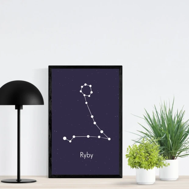 Plakat Znak zodiaku ryby 113 - Wzór graficzny. Na ciemnym tle widoczna konstelacja ryb z białymi punktami