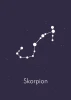 Plakat Znak zodiaku skorpion 109 - Wzór graficzny. Białe gwiazdy połączone liniami na ciemnym tle. Napis Skorpion u dołu