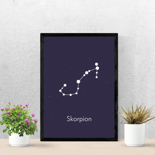 Plakat Znak zodiaku skorpion 109 - Wzór graficzny. Biały kontur konstelacji na ciemnofioletowym tle