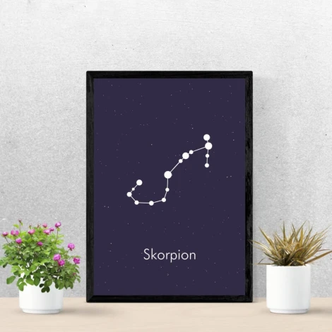 Plakat Znak zodiaku skorpion 109 - Wzór graficzny. Biały kontur konstelacji na ciemnofioletowym tle