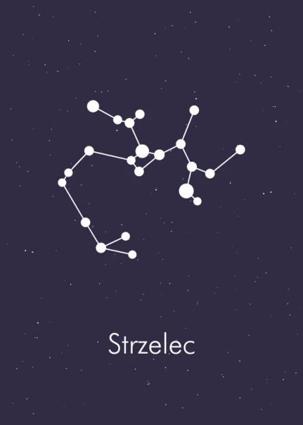 Plakat Znak zodiaku strzelec 110 - Wzór graficzny. Biały kontur gwiazdozbioru na ciemnym tle. Napis Strzelec na dole