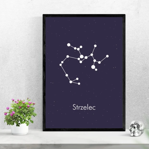 Plakat Znak zodiaku strzelec 110 - Wzór graficzny. Białe gwiazdy na ciemnym tle tworzą konstelację