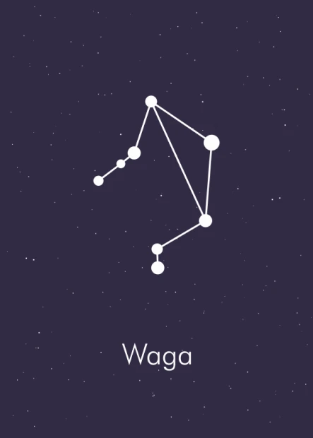 Plakat Znak zodiaku waga 108 - Wzór graficzny. Na ciemnym tle widoczny jest zarys konstelacji oraz napis Waga