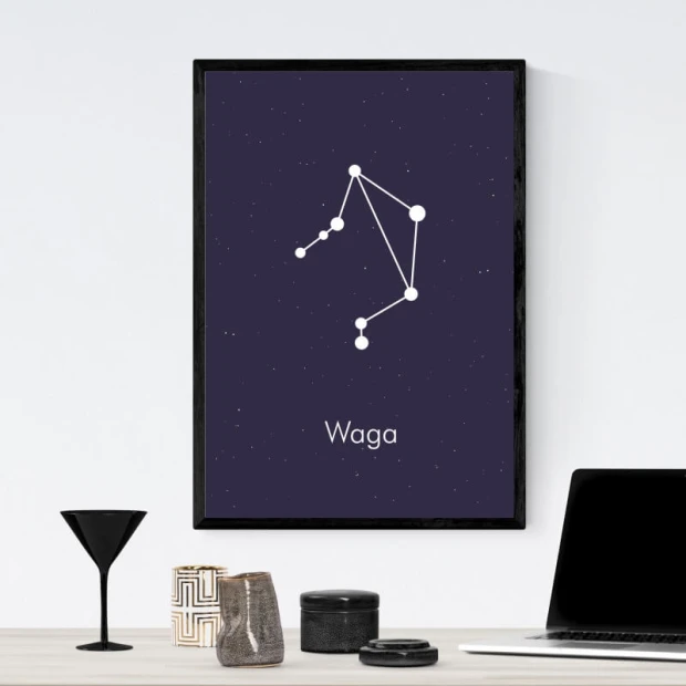 Plakat Znak zodiaku waga 108 - Wzór graficzny. Na ciemnym tle widoczna jest konstelacja oraz napis Waga