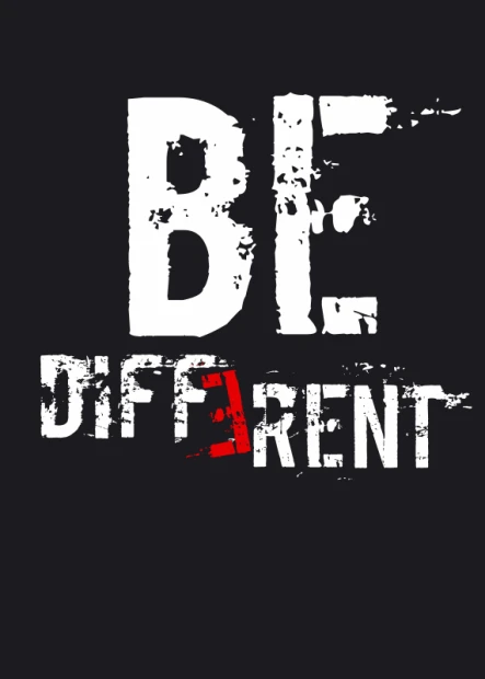 Plakat Be different 149 - Wzór graficzny. Duże, białe litery na czarnym tle z czerwonym akcentem