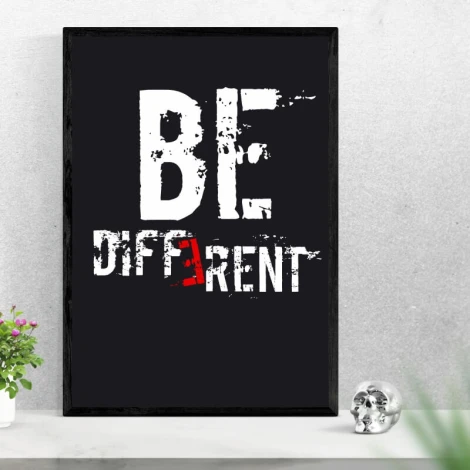 Plakat Be different 149 - Wzór graficzny. Duże, białe litery na czarnym tle z czerwonym akcentem