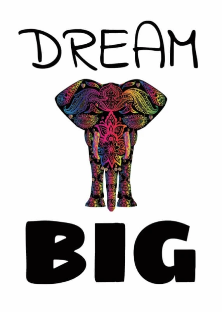 Plakat motywacyjny na białym tle z napisem Dream big oraz kolorową grafiką przedstawiającą słonia
