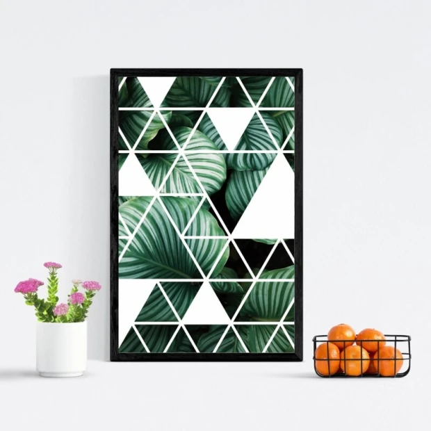 Plakat geometria 181 - Wzór graficzny. Złożony z trójkątów w różnych odcieniach zieleni i bieli