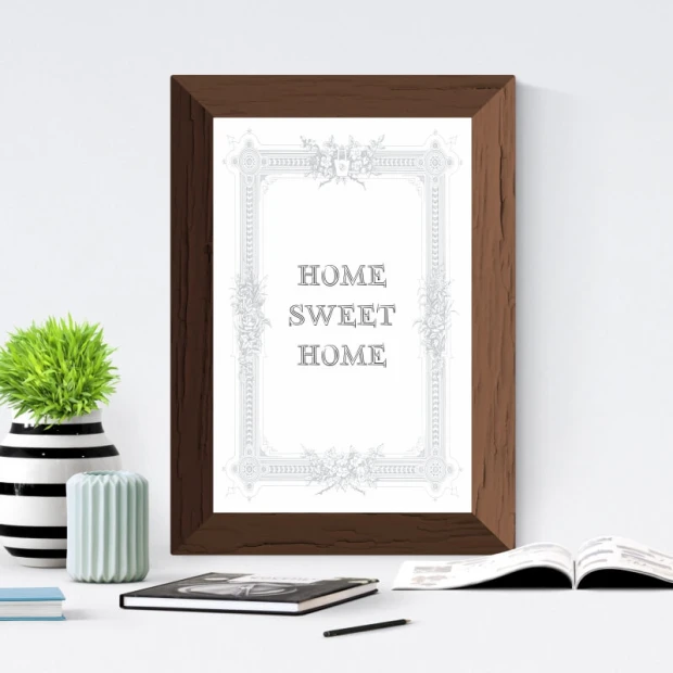 Plakat Home sweet home 159 - Wzór graficzny. Ramka z brązowego drewna, tekst w kolorze szarym, ozdobne elementy